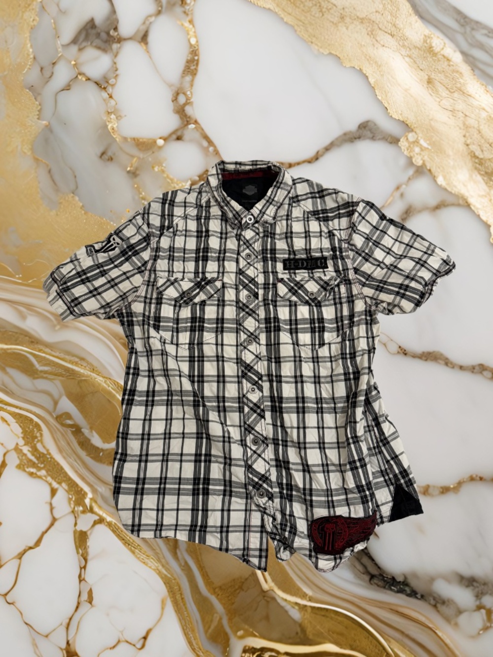 Mens Black and White Harley Davidson Snap Button Down Shirt
